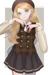  1girl alternate_costume beret blonde_hair border brown_headwear brown_vest buttons character_name commentary_request cowboy_shot eyelashes grey_eyes hands_up hat highres kana_(kanna_runa0620) long_hair long_sleeves looking_at_viewer nail_polish outside_border parted_lips plaid plaid_vest pleated_skirt pokemon pokemon_xy serena_(pokemon) shirt skirt solo vest white_border yellow_nails 