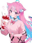  ? absurdres ahoge animal_ear_fluff animal_ear_piercing animal_ears black_choker blue_hair blue_nails blush bow bowtie cardigan cat_ears cat_tail choker colored_inner_hair cup fingernails hand_up highres holding holding_cup hololive long_fingernails long_hair long_sleeves looking_at_viewer minato_aqua multicolored_hair nail_polish nel_dcm parfait pink_bow pink_bowtie pink_cardigan pink_hair plaid plaid_skirt shirt simple_background skirt tail tongue tongue_out upper_body very_long_hair violet_eyes virtual_youtuber white_background white_shirt 