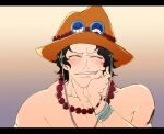  1boy ^_^ black_hair bracelet closed_eyes freckles gradient_background hand_on_own_cheek hand_on_own_face jewelry letterboxed male_focus necklace one_piece orange_headwear short_hair smile solo topless_male upper_body yorozu_rkgk_m 