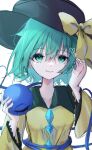  1girl aisiro_0602 black_headwear bow closed_mouth collarbone commentary_request green_eyes green_hair hat hat_bow heart highres komeiji_koishi long_sleeves looking_at_viewer short_hair simple_background smile solo third_eye touhou upper_body white_background yellow_bow 