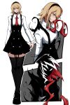  absurdres animification blonde_hair blue_eyes bodysuit gwen_stacy gwenom hairband highres hood hooded_bodysuit kekel marvel necktie skirt spider-gwen spider-man_(series) superhero symbiote thigh-highs two-tone_bodysuit venom_(marvel) 