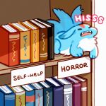  blue_fur book bookshelf carbuncle_(final_fantasy) closed_eyes english_text fenrishion final_fantasy final_fantasy_xiv highres hissing no_humans open_mouth sign teeth two-tone_fur upper_teeth_only white_fur 