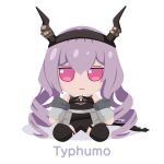 1girl arknights black_hairband black_thighhighs character_name chibi fake_horns full_body fumo_(doll) gribberoni hairband highres horn_hairband horns jacket jitome long_hair off_shoulder open_clothes pun purple_hair red_eyes simple_background sitting solo thigh-highs typhon_(arknights) very_long_hair white_background 