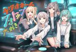  aqua_dress aqua_hair aqua_jacket aqua_skirt blonde_hair blunt_bangs clothes_around_waist commentary_request d4dj double_bun dress fukushima_noa furukawa_wanosuke grey_hair hair_bun hanamaki_towa headphones headphones_around_neck highres holding izumo_saki jacket jacket_around_waist long_sleeves miniskirt monitor multiple_monitors niijima_ibuki parted_bangs photon_maiden ponytail script shirt short_hair sidelocks skirt translation_request turntable white_shirt 