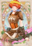  1girl armor boots bow bow_(weapon) brown_eyes brown_hair dated dorothy_(fire_emblem) fingerless_gloves fire_emblem fire_emblem:_the_binding_blade fire_emblem_heroes flower freckles gameplay_mechanics gloves green_gloves head_wreath highres leggings looking_to_the_side open_mouth short_hair short_sleeves solo twitter_username urihara84 weapon yellow_flower 