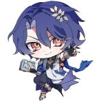  1boy black_gloves black_shirt blue_hair book chibi closed_mouth clothing_cutout collared_shirt dr._ratio_(honkai:_star_rail) fingerless_gloves full_body gladiator_sandals gloves hair_between_eyes hair_ornament holding holding_book honkai:_star_rail honkai_(series) nr_gnsn red_eyes sandals shirt short_hair simple_background solo white_background 