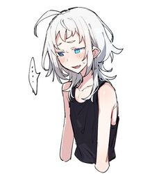  ... 1girl ahoge azuma_shino black_tank_top blue_eyes blush collarbone fang flat_chest heterochromia nowareno_(azuma_shino) original pointy_ears simple_background skin_fang solo spoken_ellipsis tank_top white_background white_hair 