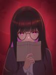  1girl a0i_is absurdres black_jacket blazer book brown_hair colored_inner_hair covering_own_mouth glasses hair_ornament hairclip highres holding holding_book honkai:_star_rail honkai_(series) jacket long_hair long_sleeves looking_at_viewer multicolored_hair open_book open_clothes open_jacket pink_eyes red_background round_eyewear shirt sidelocks simple_background solo sparkle_(honkai:_star_rail) straight-on straight_hair upper_body white_shirt 