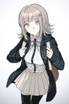  1girl bag beolgug breasts brown_hair brown_skirt collared_shirt danganronpa_(series) danganronpa_2:_goodbye_despair flipped_hair galaga hair_ornament highres hood jacket long_sleeves looking_at_viewer medium_hair nanami_chiaki neck_ribbon open_clothes open_jacket pink_eyes pink_ribbon pleated_skirt ribbon shirt skirt solo thigh-highs two-tone_shirt white_shirt 