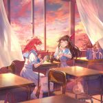  2girls :d ^_^ album_cover bag blue_neckerchief blue_sailor_collar blue_wristband brown_hair chair classroom closed_eyes commentary_request company_name copyright_name cover curtains desk dusk hair_ornament haru_(hiyori-kohal) highres holding holding_pen holohoneygaoka_high_school_uniform hololive honeyworks indoors lens_flare looking_at_another multiple_girls neckerchief official_art pen pink_wristband pleated_skirt pointing pointing_at_another redhead sailor_collar sailor_shirt sakura_miko school_bag school_chair school_desk school_uniform serafuku shirt sitting skirt smile star_(symbol) star_hair_ornament sunlight tokino_sora virtual_youtuber window 
