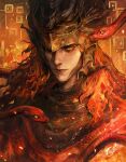  1boy armor artist_name burning chainmail dragon dragon_ornament elden_ring elden_ring:_shadow_of_the_erdtree embers fire forked_tongue helmet highres long_hair looking_at_viewer messmer_the_impaler one_eye_closed oreki_genya ornate ornate_armor red_eyes red_robe red_snake redhead robe slit_pupils snake snake_on_shoulder solo tongue winged_helmet yellow_eyes 