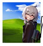  1girl absurdres ahoge backpack bag black_jacket blue_sky closed_eyes clouds cloudy_sky commission crr001 eyebrows_hidden_by_hair facing_viewer girls_frontline grey_hair highres hill hood hooded_jacket inset_border jacket m200_(girls&#039;_frontline) medium_hair parted_lips sky smile solo twitter_username upper_body 
