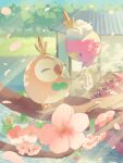  bounsweet closed_eyes commentary_request day dolliv drifloon falling_petals feeding flower food food_on_face highres light_rays mokukitusui no_humans on_branch open_mouth outdoors petals pink_flower pokemon pokemon_(creature) rowlet smoliv tongue 
