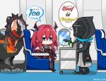  1girl 1other airplane_interior arknights boots bottle cart cup doctor_(arknights) drinking_glass english_text hair_intakes hood horns jacket jitome kitara_koichi logo long_hair mask redhead scarf sitting surtr_(arknights) travel_attendant wine_bottle wine_glass 