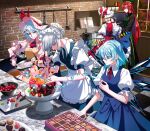  5girls alternate_costume alternate_hairstyle apron aqua_hair back_bow bat_wings black_pants black_shirt blonde_hair blue_eyes blue_skirt blue_vest blunt_bangs book bow bowl braid brick_wall cake candy checkered_floor cirno closed_mouth collared_shirt commentary_request cooking cooking_pot dress eating fire flandre_scarlet food frilled_apron frilled_bow frilled_sleeves frilled_wrist_cuffs frills fruit frying_pan full_body gold_trim green_dress green_headwear grey_hair hair_between_eyes hair_bow hair_ornament hairclip hat hat_bow highres holding holding_bowl holding_candy holding_food hong_meiling ice ice_wings indoors izayoi_sakuya ketchup_bottle kitchen ladle leaning_forward long_hair long_sleeves looking_at_another looking_at_object looking_down maid_headdress mixer_(cooking) mixing mixing_bowl mob_cap multiple_girls mustard_bottle neck_ribbon nubezon open_book orange_apron pants pinafore_dress pink_dress pink_headwear plate puffy_short_sleeves puffy_sleeves raspberry red_bow red_eyes red_ribbon redhead remilia_scarlet ribbon shirt short_hair short_sleeves skirt skirt_set sleeve_garter sleeveless sleeveless_dress soup_ladle standing strawberry table touhou twin_braids vest waist_apron white_apron white_bow white_headwear window wings wrist_cuffs 