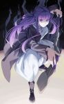  1girl absurdres black_coat black_footwear black_robe breasts closed_mouth coat dress fern_(sousou_no_frieren) full_body highres holding holding_staff large_breasts long_hair long_sleeves looking_at_viewer mage_staff mukunokino_isshiki purple_pupils robe solo sousou_no_frieren staff straight_hair violet_eyes white_dress 