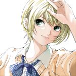  1girl black872233196 blonde_hair green_eyes hair_between_eyes highres ichigo_100_percent nishino_tsukasa portrait school_uniform short_hair sidelocks simple_background smile solo uniform upper_body white_background 