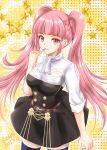  absurdres amaguriamami axe blue_thighhighs blunt_bangs fire_emblem fire_emblem:_three_houses garreg_mach_monastery_uniform highres hilda_valentine_goneril holding holding_axe long_hair pink_eyes pink_hair short_bangs thigh-highs twintails uniform 