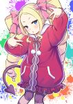  1girl :o beatrice_(re:zero) blonde_hair blue_eyes blush bow demon_tail drill_hair feet_out_of_frame frilled_sweater hair_bow hands_up hood hoodie multicolored_background neck_ribbon pantyhose pink_bow pink_ribbon re:zero_kara_hajimeru_isekai_seikatsu red_hoodie ribbon s_(hdru2332) solo striped_clothes striped_pantyhose tail twin_drills twintails w 