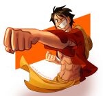  1boy abs artist_name black_hair cardigan clenched_hand grin hat hat_on_back highres keysandcrosses male_focus monkey_d._luffy one_eye_closed one_piece open_cardigan open_clothes punching red_cardigan sash scar scar_on_cheek scar_on_chest scar_on_face short_hair short_sleeves simple_background smile solo straw_hat teeth toned toned_male white_background yellow_sash 