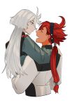 2girls arm_around_neck asticassia_school_uniform black_hairband carrying closed_eyes closed_mouth dark-skinned_female dark_skin green_jacket grey_eyes gundam gundam_suisei_no_majo hairband highres jacket long_hair long_sleeves looking_at_another miorine_rembran multiple_girls open_mouth princess_carry redhead school_uniform simple_background smile snapagi suletta_mercury thick_eyebrows upper_body white_background white_hair white_jacket yuri 