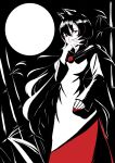  1girl animal_ears bamboo black_background black_hair dress full_moon hair_between_eyes highres imaizumi_kagerou long_hair long_sleeves looking_at_viewer moon puffy_long_sleeves puffy_sleeves red_nails solo touhou weedhollow_(dokuran) wolf_ears wolf_girl 