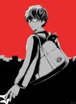  1boy absurdres amamiya_ren bag building cat from_side glasses greyscale greyscale_with_colored_background highres holding holding_mask jacket looking_at_viewer male_focus mask monochrome morgana_(persona_5) persona persona_5 red_background school_bag smile suittyo_sama upper_body 