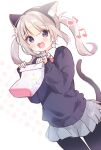 1girl :3 :d animal_ear_fluff animal_ear_hairband animal_ears artist_name bag black_eyes black_hairband black_pantyhose black_sweater blush bow bowtie cat_ear_hairband cat_ears cat_girl cat_tail collared_shirt commentary dress_shirt dutch_angle fake_animal_ears fang grey_skirt hairband holding holding_bag kisukekun long_hair long_sleeves looking_at_viewer loose_hair_strand mcdonald&#039;s musical_note open_mouth original pantyhose paper_bag pleated_skirt polka_dot polka_dot_background red_bow red_bowtie shakacat shaking shirt signature skirt sleeves_past_wrists smile solo sweater tail twintails w_arms white_background white_shirt