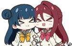  &gt;_&lt; 2girls :d absurdres arm_at_side blue_hair blunt_bangs blush bow buttons center-flap_bangs cheek-to-cheek chibi chibi_only closed_eyes closed_mouth double-breasted facing_another grabbing_another&#039;s_arm grey_sailor_collar grey_skirt hair_between_eyes hair_bun half_updo heads_together highres long_hair long_sleeves love_live! love_live!_sunshine!! multiple_girls oofushi_ao open_mouth red_bow redhead sailor_collar sakurauchi_riko school_uniform serafuku sidelocks signature single_side_bun skirt smile tsushima_yoshiko uranohoshi_school_uniform winter_uniform xd yellow_bow yuri 