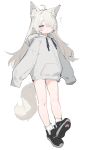  1girl animal_ear_fluff animal_ears black_footwear blonde_hair blush closed_mouth cowlick dot_nose drawstring fenrir_(fenriluuu) fox_ears fox_girl fox_tail full_body grey_eyes hair_over_one_eye highres hood hood_down hoodie long_hair looking_at_viewer original sidelocks simple_background sketch sleeves_past_fingers sleeves_past_wrists socks solo standing tail white_background white_hoodie white_socks 