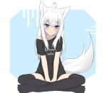  1girl absurdres animal_ear_fluff animal_ears between_legs black_shirt black_thighhighs blue_background blue_eyes blush closed_mouth clothes_writing collarbone commentary_request fang fang_out fox_ears fox_girl fox_tail full_body hair_between_eyes hand_between_legs highres kuronagi_(mitora_uwu) long_hair looking_at_viewer no_shoes off_shoulder original shirt short_sleeves sitting smile solo tail thigh-highs two-tone_background very_long_hair white_background white_hair 