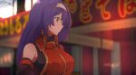  1girl ahonoko bare_shoulders black_shirt blue_hair blurry blurry_background breasts detached_sleeves fire_emblem fire_emblem:_path_of_radiance fire_emblem:_radiant_dawn gloves green_eyes hairband highres large_breasts long_hair looking_to_the_side mia_(fire_emblem) shirt solo turtleneck upper_body white_hairband 