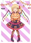 1girl absurdres alternate_costume bat_(animal) bat_hair_ornament blonde_hair blush bow candy chinese_commentary closed_eyes clothing_request commentary_request crystal flandre_scarlet food footwear_bow hair_ornament halloween halloween_costume hat highres holding holding_food holding_pumpkin holding_vegetable jack-o&#039;-lantern long_sleeves multicolored_wings no_headwear one_side_up open_mouth orange_bow piaoluo_de_ying_huaban pumpkin red_bow red_nails side_ponytail smile solo star_(symbol) striped_background striped_clothes striped_thighhighs thigh-highs touhou vegetable wings witch_hat 
