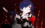  1boy armband blue_hair collared_shirt digital_media_player english_commentary gloves hair_over_one_eye highres long_sleeves looking_at_viewer male_focus parted_lips persona persona_3 persona_3_reload red_armband red_eyes shirt simple_background solo twfm upper_body yuuki_makoto_(persona_3) 