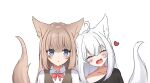 2girls :d :o ^_^ ahoge animal_ear_fluff animal_ears black_shirt blue_eyes blush bow brown_hair brown_vest closed_eyes collarbone collared_shirt commentary_request eyebrows_hidden_by_hair fox_ears fox_girl fox_tail hair_between_eyes head_tilt heart highres kuronagi_(mitora_uwu) multiple_girls off_shoulder original parted_lips red_bow shirt simple_background smile tail upper_body vest white_background white_hair white_shirt 