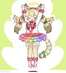  1girl angel angel_wings animal_ears arms_up boots bow bowtie cat_ears cat_girl cat_tail coroha extra_ears full_body gloves green_background grey_hair jacket jumping jungle_cat_(kemono_friends) kemono_friends kemono_friends_v_project long_hair microphone ribbon simple_background skirt solo tail thigh-highs twintails virtual_youtuber wings 