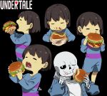  1boy 1other :i androgynous black_background blue_jacket brown_hair burger cel_shading chewing child copyright_name cropped_torso drawstring eating facing_viewer food food_on_face frisk_(undertale) from_side highres holding holding_food hood hood_down hooded_jacket jacket kamezaemon ketchup long_sleeves multiple_views no_nose one_eye_closed open_clothes open_jacket open_mouth other_focus profile romper sans shirt short_hair simple_background skeleton standing undertale upper_body white_shirt zipper 