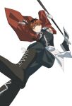  1boy absurdres axe boots highres holding holding_weapon jacket looking_to_the_side pants red_eyes redhead solo sousou_no_frieren stark_(sousou_no_frieren) weapon white_background wqdofjpeqs63235 