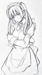  1girl apron character_request closed_mouth dress greyscale long_hair looking_at_viewer maid maid_apron maid_headdress monochrome murata_tefu object_through_head scar scar_on_face screw_in_head simple_background solo white_background zoids 