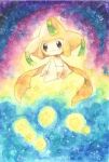  :3 brown_eyes closed_mouth commentary light_blush light_smile multicolored_background no_humans painting_(medium) pokemon pokemon_(creature) shura_skill space star_(symbol) third-party_source traditional_media watercolor_(medium) 
