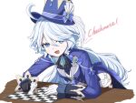  1girl :d absurdres ahoge ascot asymmetrical_gloves black_ascot black_gloves blue_eyes blue_headwear blue_jacket brooch chess_piece chessboard chinese_commentary commentary_request drop-shaped_pupils english_commentary english_text fang furina_(genshin_impact) genshin_impact gloves hair_between_eyes hat highres holding holding_chess_piece hydro_symbol_(genshin_impact) jacket jewelry king_(chess) leaning_forward leaning_on_object leaning_on_table lingerain long_hair long_sleeves looking_at_viewer mismatched_gloves mismatched_pupils mixed-language_commentary multicolored_hair no_heterochromia open_mouth shirt short_shorts shorts sidelocks simple_background sleeves_past_wrists smile solo streaked_hair table thigh_strap top_hat two-tone_hair very_long_hair vision_(genshin_impact) white_background white_gloves white_hair white_shorts white_trim_bow 