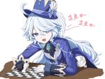  1girl :d absurdres ahoge ascot asymmetrical_gloves black_ascot black_gloves blue_eyes blue_headwear blue_jacket brooch chess_piece chessboard commentary_request drop-shaped_pupils fang furina_(genshin_impact) genshin_impact gloves hair_between_eyes hat heart highres holding holding_chess_piece hydro_symbol_(genshin_impact) jacket jewelry king_(chess) leaning_forward leaning_on_object leaning_on_table lingerain long_hair long_sleeves looking_at_viewer mismatched_gloves mismatched_pupils multicolored_hair no_heterochromia open_mouth shirt short_shorts shorts sidelocks simple_background sleeves_past_wrists smile solo spoken_heart streaked_hair table thigh_strap top_hat translation_request two-tone_hair very_long_hair vision_(genshin_impact) white_background white_gloves white_hair white_shorts white_trim_bow 