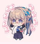  1girl @_@ black_pants blue_sweater blush braided_hair_rings chibi chocolate fate/grand_order fate_(series) glasses heart jacket light_brown_hair pants pope_joan_(fate) saipaco sweat sweater violet_eyes wavy_mouth white_jacket 