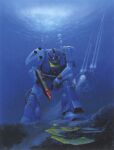  1980s_(style) box_art gundam gundam_zz masuo_ryukoh mecha mobile_suit no_humans one-eyed retro_artstyle robot science_fiction underwater weapon zaku_mariner 