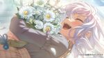  1girl ^_^ bang_dream! blush bouquet brown_skirt closed_eyes commentary_request floating_hair grey_shirt hair_between_eyes highres holding holding_bouquet kurata_mashiro long_sleeves medium_hair official_art open_mouth shirt sidelocks skirt solo teeth translation_request upper_body upper_teeth_only white_hair 