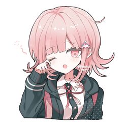  1girl ;o brown_hair collared_shirt danganronpa_(series) danganronpa_2:_goodbye_despair flipped_hair galaga hair_ornament highres jacket long_sleeves looking_at_viewer medium_hair nanami_chiaki neck_ribbon one_eye_closed open_clothes open_jacket pink_eyes ribbon shirocha_tei shirt sleepy solo white_shirt 