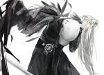  1boy armor belt black_coat black_gloves black_wings clenched_teeth coat commentary english_commentary feathered_wings final_fantasy final_fantasy_vii final_fantasy_vii_remake gloves green_eyes grey_hair hand_on_own_shoulder hand_up highres holding holding_sword holding_weapon katana long_coat long_hair long_sleeves looking_back male_focus masamune_(ff7) multiple_belts parted_lips pauldrons reaching sephiroth shoulder_armor simple_background single_wing slit_pupils solo sword teeth upper_body very_long_hair weapon white_background wings xscr1205 