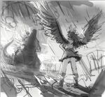  1girl 1other arm_cannon commentary_request full_body giant giant_monster godzilla godzilla_(series) greyscale howah18 kaijuu monochrome reiuji_utsuho sketch spines standing touhou weapon wings 