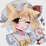  1girl animal_ears ascot blonde_hair bow cat_ears chicachang flandre_scarlet hat hat_ribbon highres mob_cap one_eye_closed one_side_up open_mouth red_eyes ribbon side_ponytail skirt solo touhou upper_body white_background 