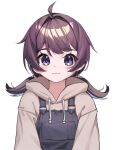  1girl ahoge brown_hair brown_hoodie closed_eyes commentary_request djmax djmax_respect highres hood hoodie iznal korean_commentary looking_at_viewer low_twintails overalls play_(djmax) short_hair simple_background smile solo twintails upper_body violet_eyes white_background 